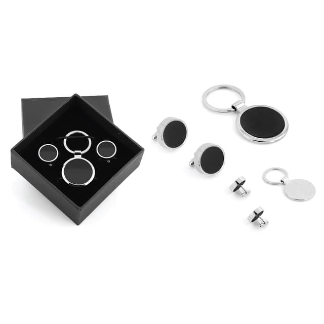 Kutulu Metal Anahtarlık Kol Düğmeli Set - Gümüş