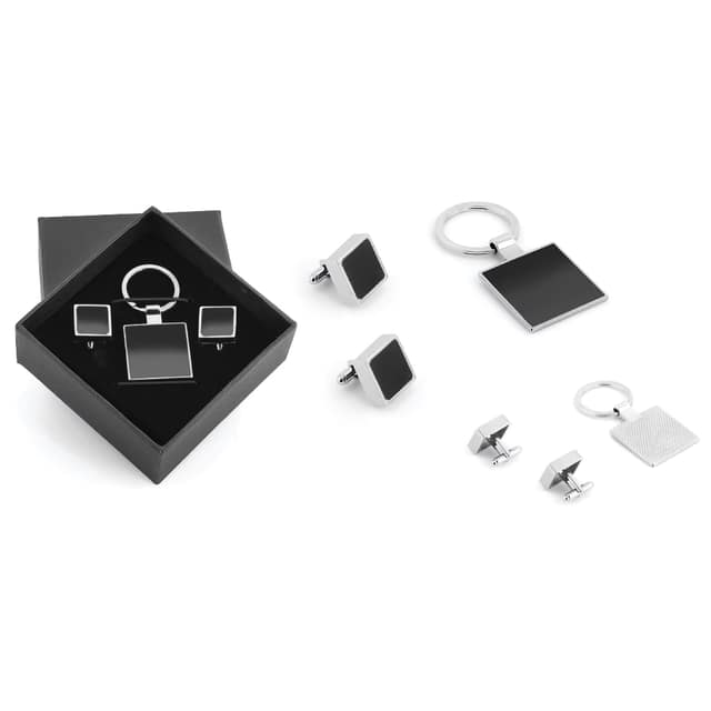 Kutulu Metal Anahtarlık Kol Düğmeli Set - Gümüş