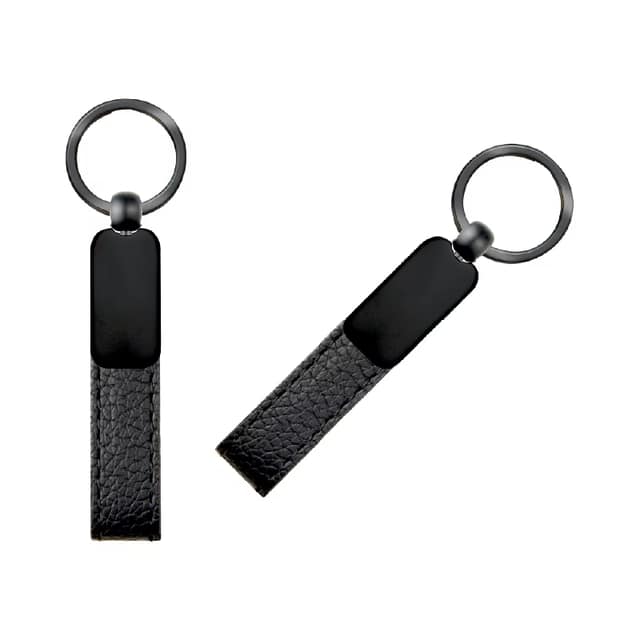 Çift Taraflı Metal Suni Deri Anahtarlık - Siyah