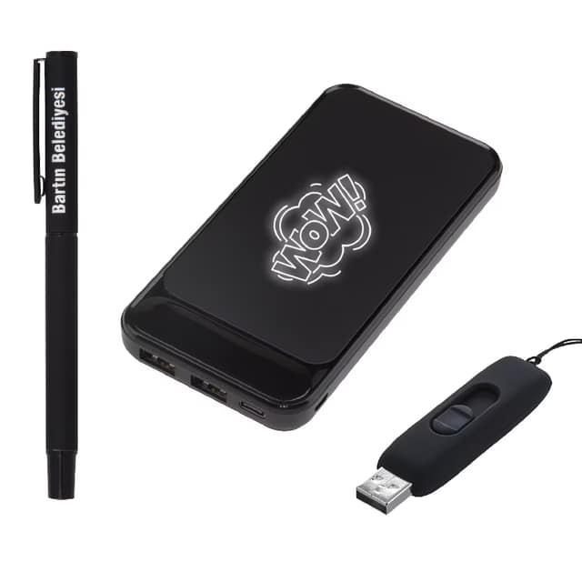 Kalem & Powerbank & Usb Set - Siyah
