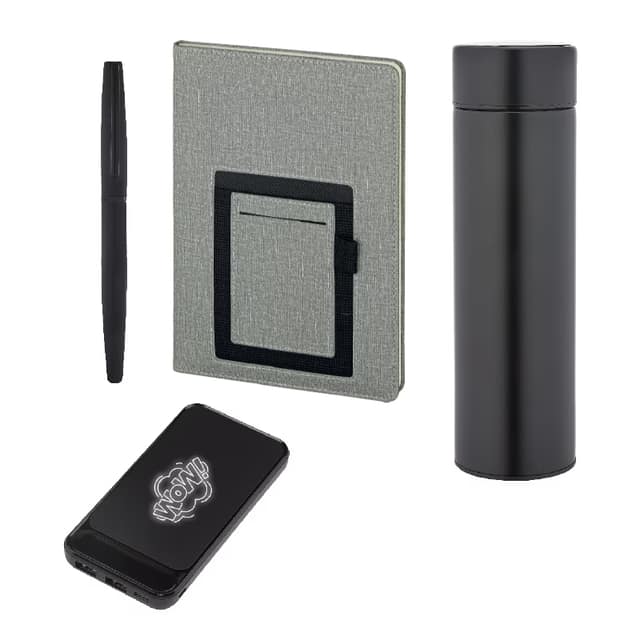 Defter & Kalem & Powerbank & Termos Set - Siyah
