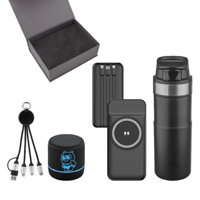Powerbank & Kablo & Hoparlör & Termos Set - Siyah