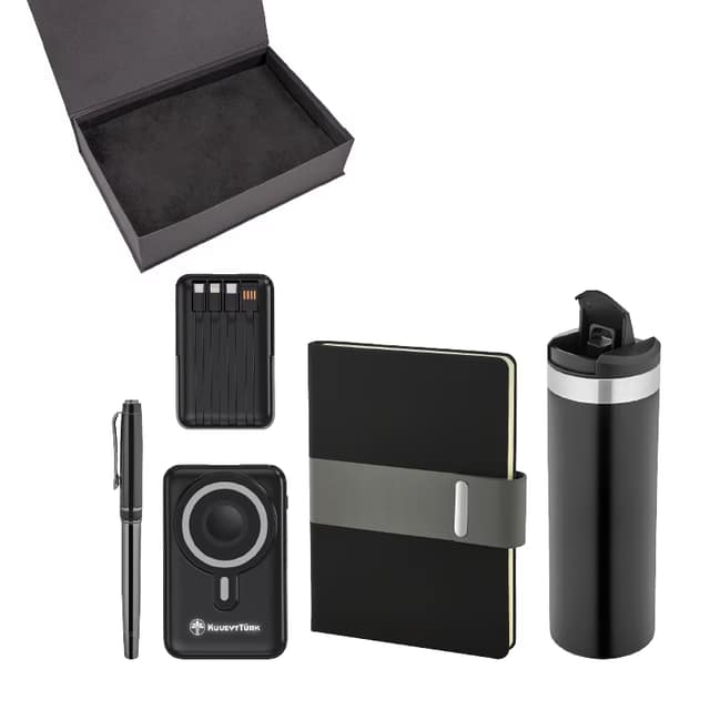 Kalem & Defter & Powerbank & Termos Set - Siyah